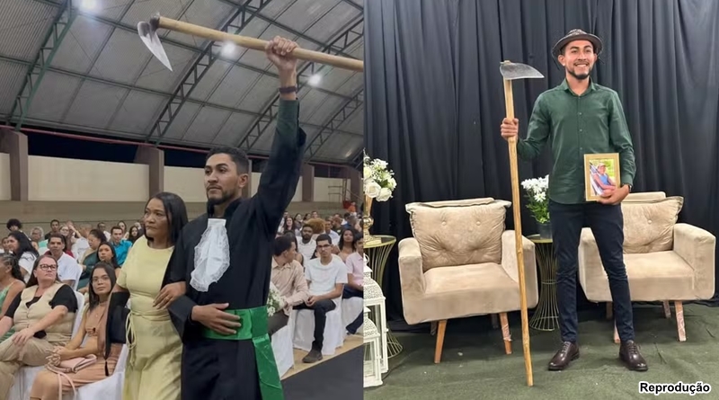 Jovem leva enxada e homenageia avô agricultor em formatura no PI